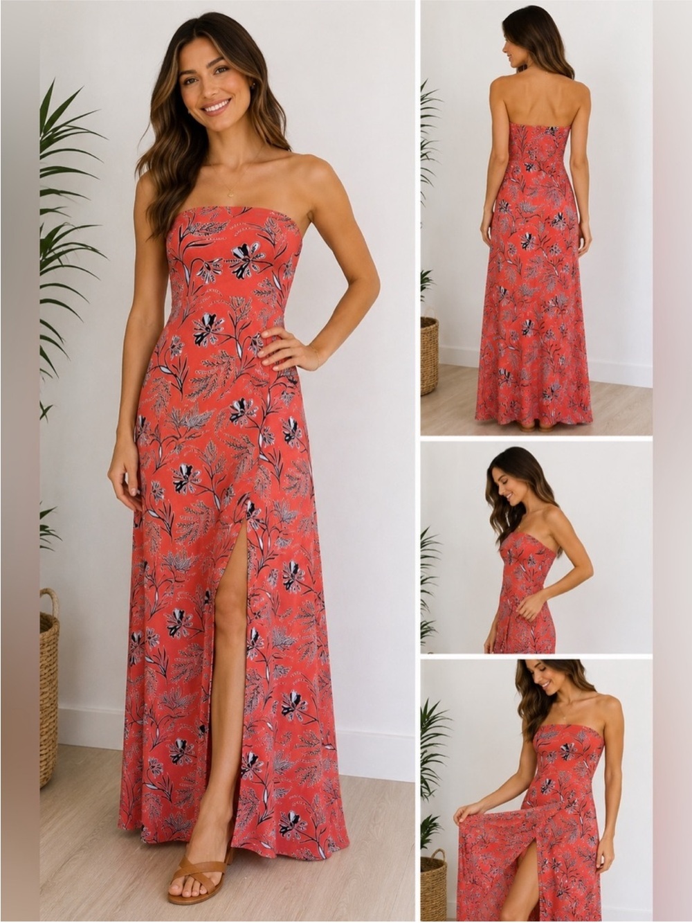 Banana Republic Coral Strapless Floral Maxi Dress